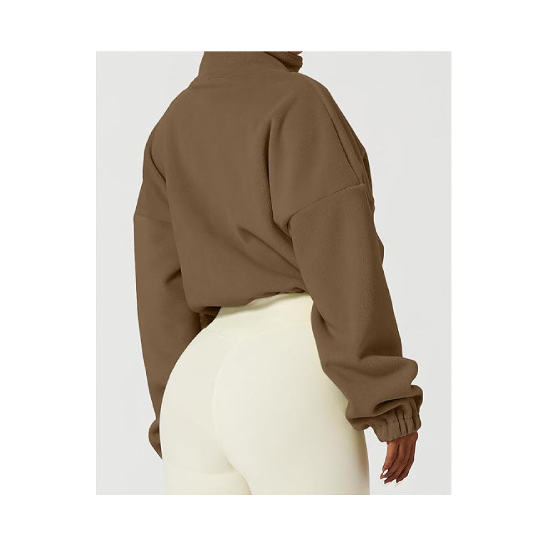 Women's Full Zip Fleece Short Jacket Warm Winter Long Sleeve Stand Collar Sherpa Crop Coat