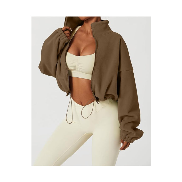 Women's Full Zip Fleece Short Jacket Warm Winter Long Sleeve Stand Collar Sherpa Crop Coat