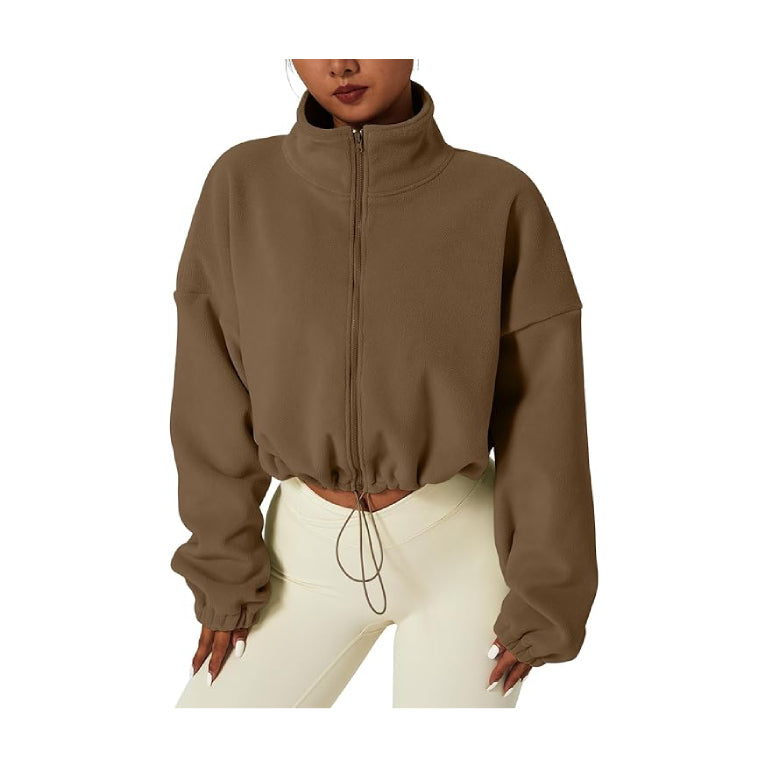 Women's Full Zip Fleece Short Jacket Warm Winter Long Sleeve Stand Collar Sherpa Crop Coat