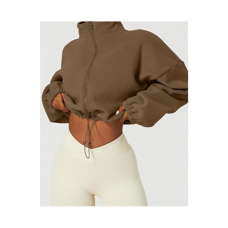 Women's Full Zip Fleece Short Jacket Warm Winter Long Sleeve Stand Collar Sherpa Crop Coat