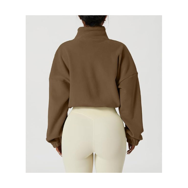 Women's Full Zip Fleece Short Jacket Warm Winter Long Sleeve Stand Collar Sherpa Crop Coat