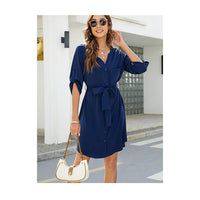 Womens Button Down Dress Summer V Neck 3/4 Sleeve Tie Waist Business Casual Work Mini Shirt Dresses
