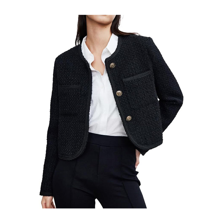 Women's Long Sleeve Cropped Tweed Jacket with Pocket Elegant Slim Fit Work Office Business Short Tweed Blazer