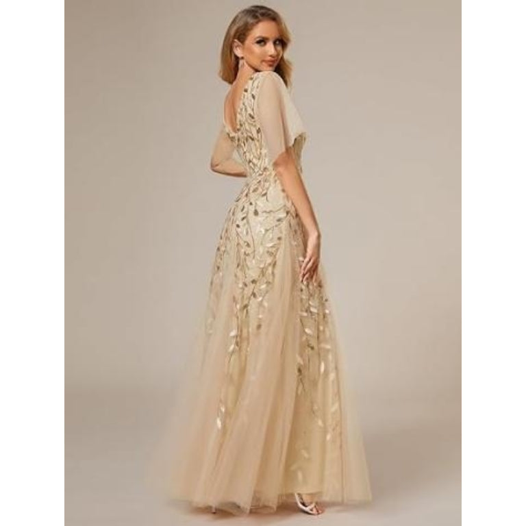 Women V-Neck Short Sleeve Prom Gown wedding guest dresses