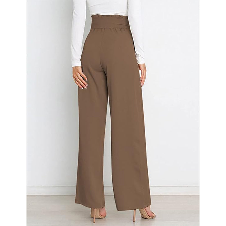 Women's Casual Wide Leg Belted Palazzo Pants High Waist Business Work Trouser with Pocket