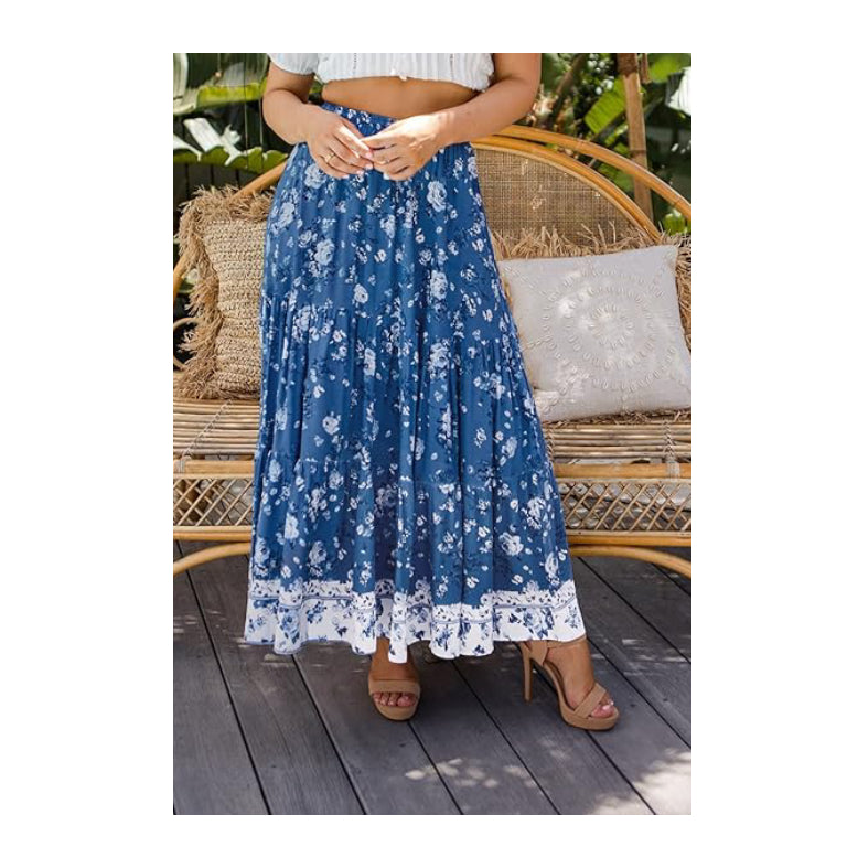 Women's Floral Print Elastic Waist Pleat Boho Skirt A Line Maxi Skirt