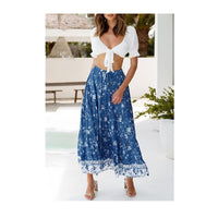 Women's Floral Print Elastic Waist Pleat Boho Skirt A Line Maxi Skirt