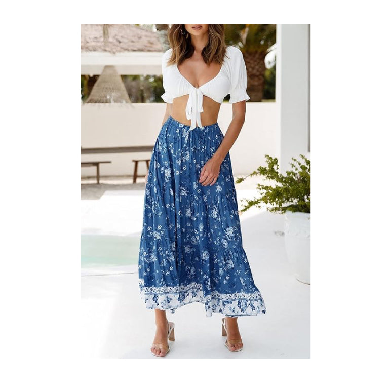 Women's Floral Print Elastic Waist Pleat Boho Skirt A Line Maxi Skirt