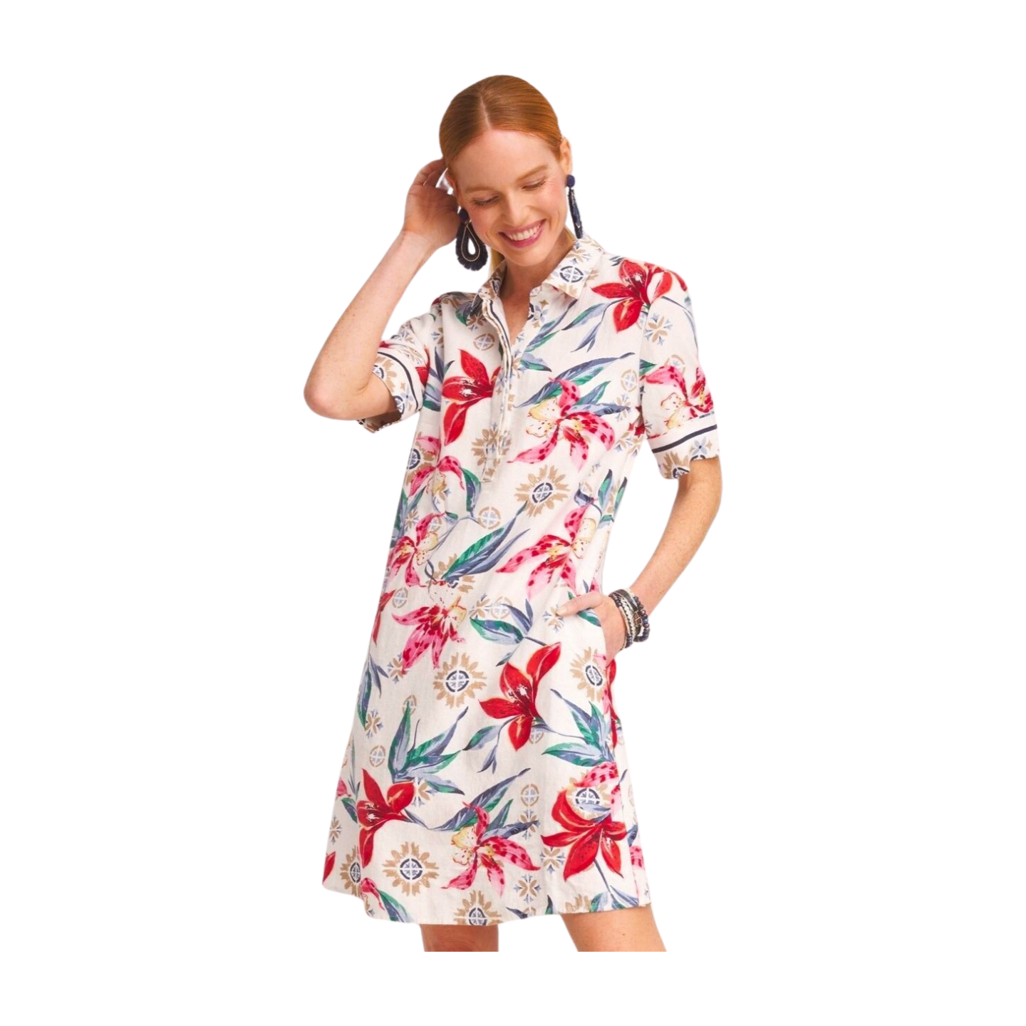 Women Linen Floral Popover Shirt Midi Dress summer dress  dress for women new look dress