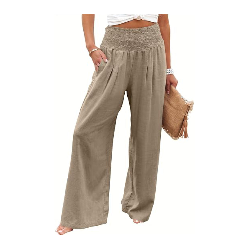 Women Linen Palazzo Pants 2024 Summer Wide Leg Elastic High Waist Casual Loose Beach Travel Lounge Pants with Pockets