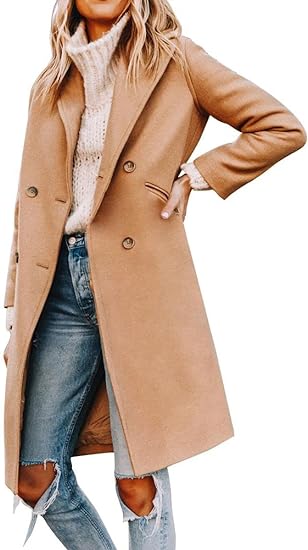 Women's Long Coat Notched Lapel Collar Double Breasted Pea Coat Winter Elegant Wool Blend Over Coats Jackets