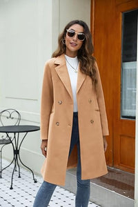 Women's Long Coat Notched Lapel Collar Double Breasted Pea Coat Winter Elegant Wool Blend Over Coats Jackets