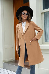 Women's Long Coat Notched Lapel Collar Double Breasted Pea Coat Winter Elegant Wool Blend Over Coats Jackets