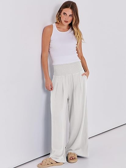 Women Linen Palazzo Pants 2024 Summer Wide Leg Elastic High Waist Casual Loose Beach Travel Lounge Pants with Pockets