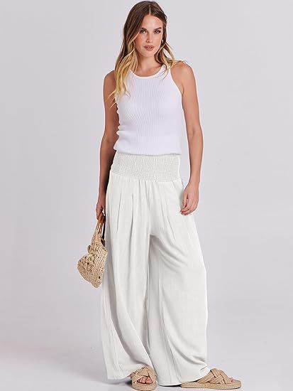Women Linen Palazzo Pants 2024 Summer Wide Leg Elastic High Waist Casual Loose Beach Travel Lounge Pants with Pockets