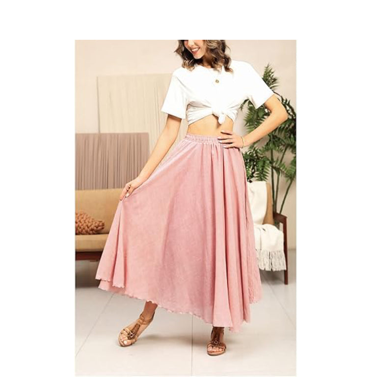 Women's Bohemian Elastic Waist A Line Long Maxi Cotton Linen  Long Maxi Skirt