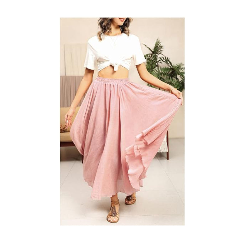 Women's Bohemian Elastic Waist A Line Long Maxi Cotton Linen  Long Maxi Skirt