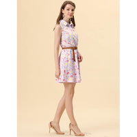 Women's Printed Half Placket Above Knee Sleeveless Belted Dress