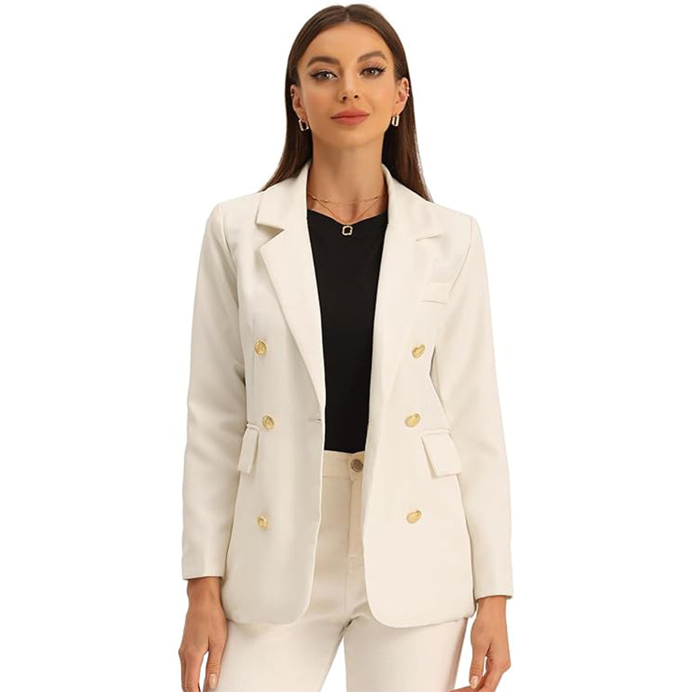Women's Notched Lapel Double Breasted Long Sleeve Work Office Suit Blazer Jacket