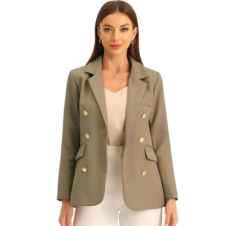 Women's Notched Lapel Double Breasted Long Sleeve Work Office Suit Blazer Jacket