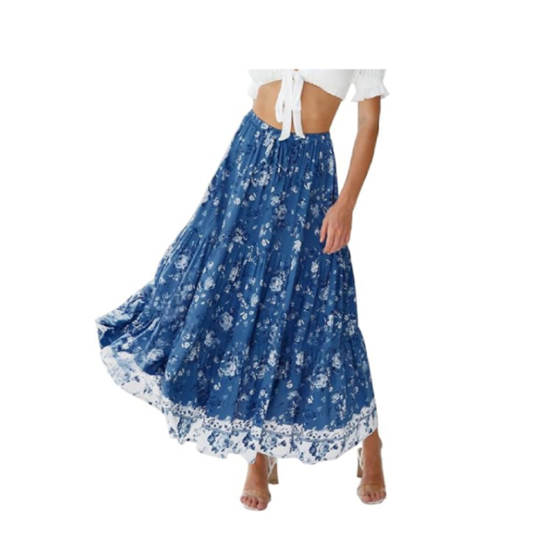 Women's Floral Print Elastic Waist Pleat Boho Skirt A Line Maxi Skirt