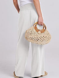 Women Linen Palazzo Pants 2024 Summer Wide Leg Elastic High Waist Casual Loose Beach Travel Lounge Pants with Pockets