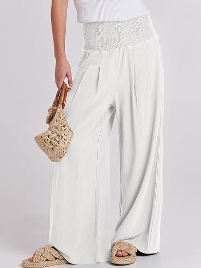 Women Linen Palazzo Pants 2024 Summer Wide Leg Elastic High Waist Casual Loose Beach Travel Lounge Pants with Pockets