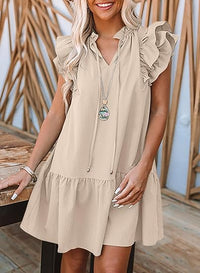 Women Summer V-Neck Drawstring Ruffle   Dress summer dress