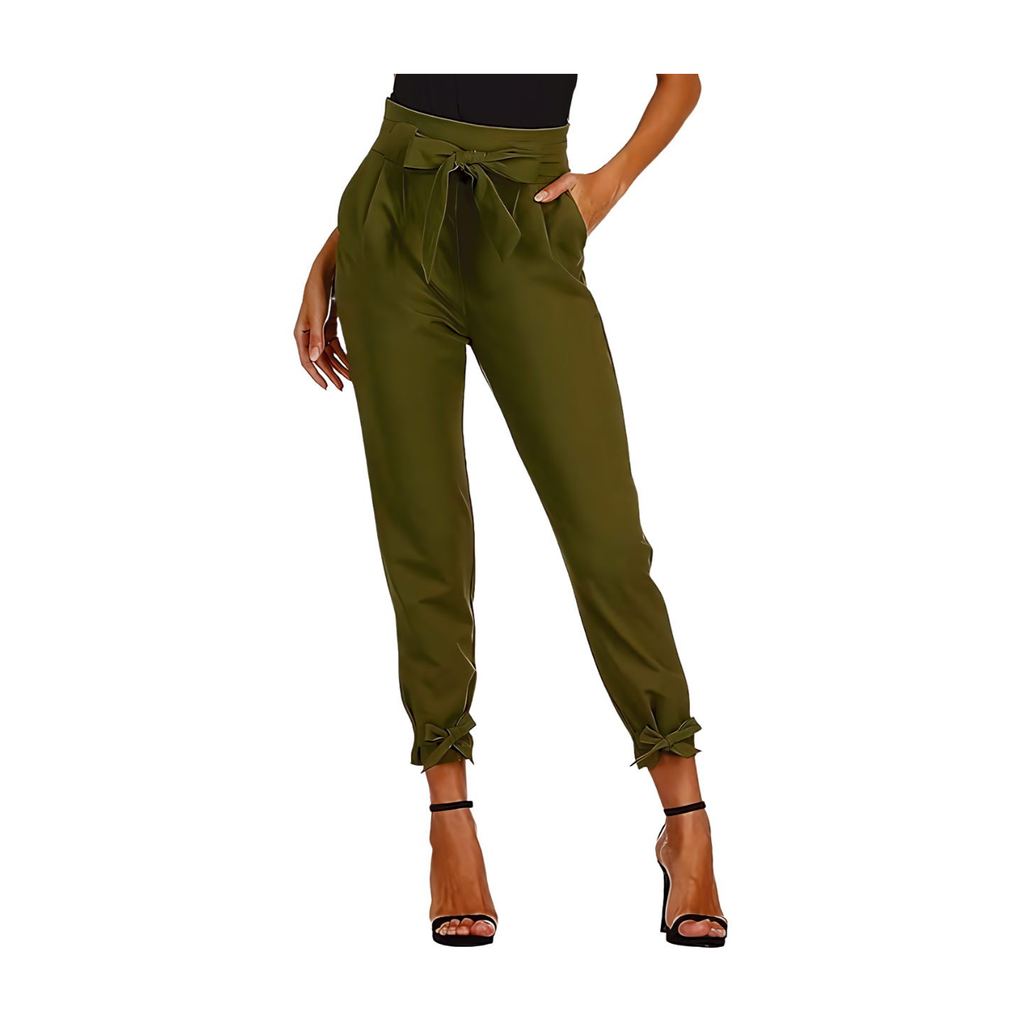Womens Casual High Waist Pencil Pants with Pockets Bow-Knot Cropped Paper Bag Pants for Work