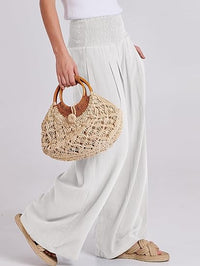 Women Linen Palazzo Pants 2024 Summer Wide Leg Elastic High Waist Casual Loose Beach Travel Lounge Pants with Pockets