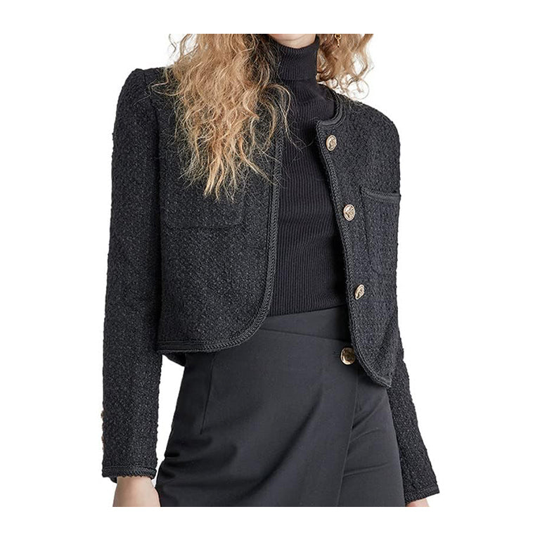 Women's Long Sleeve Cropped Tweed Jacket with Pocket Elegant Slim Fit Work Office Business Short Tweed Blazer