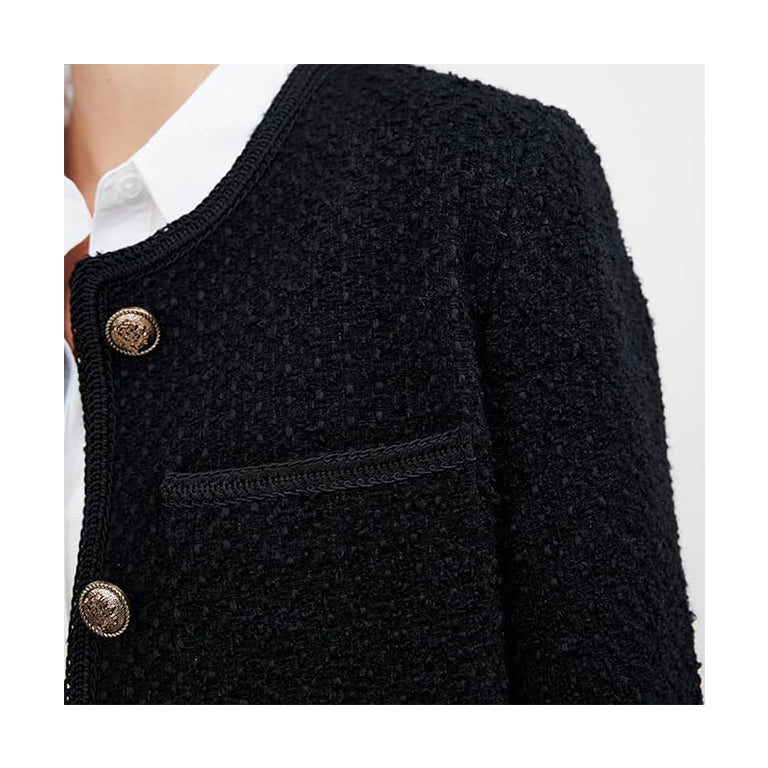 Women's Long Sleeve Cropped Tweed Jacket with Pocket Elegant Slim Fit Work Office Business Short Tweed Blazer