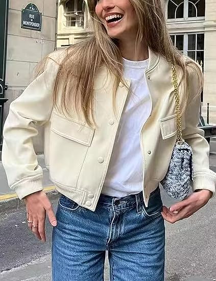 Womens Bomber Jacket Fashion Short Cropped Jacket Casual Jackets for Women Varsity Jacket with Pockets Spring Fall