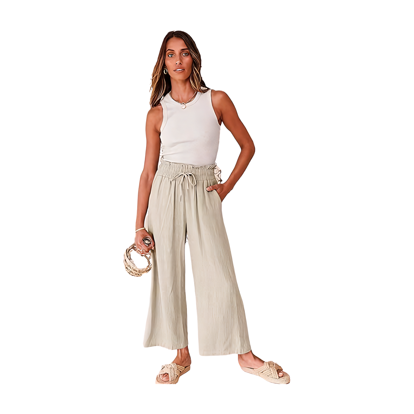 Women Linen Pants Casual Loose High Waist Boho Wide Leg Cropped Palazzo Beach Pants Summer Outfits 2024 Trendy
