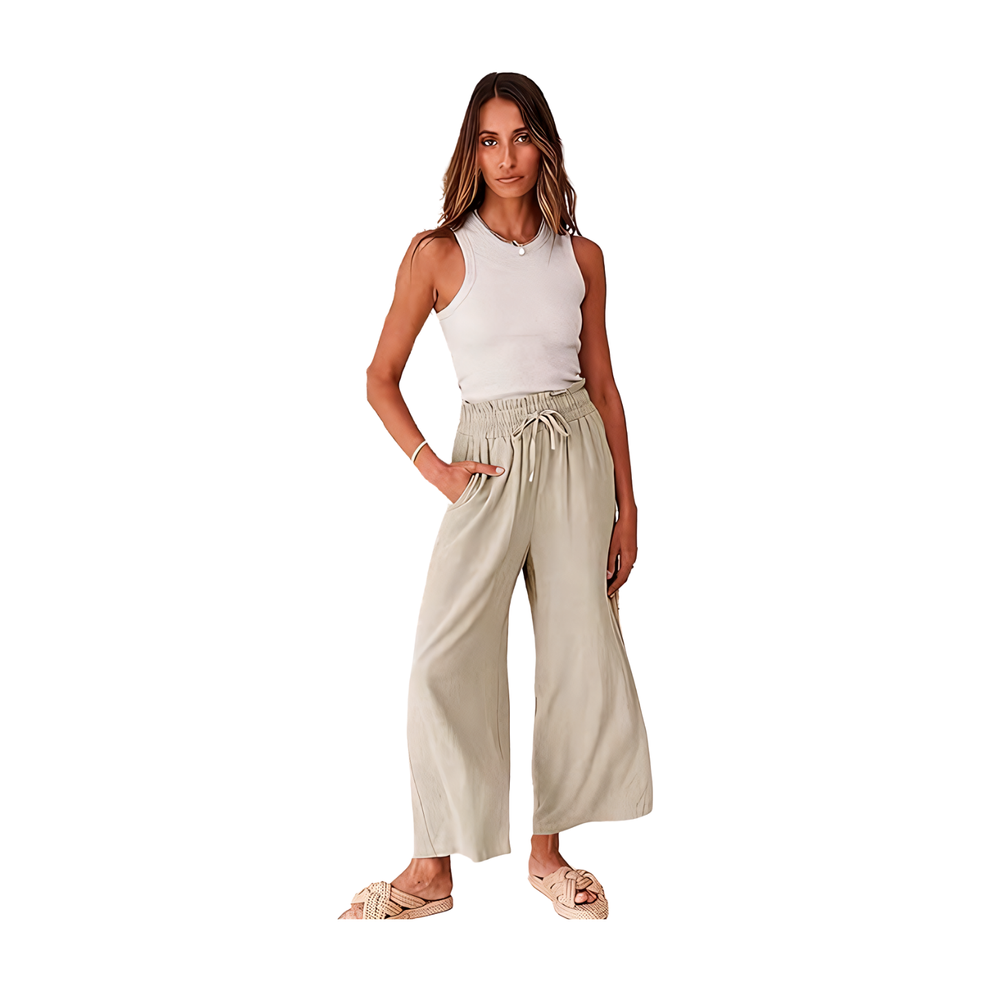 Women Linen Pants Casual Loose High Waist Boho Wide Leg Cropped Palazzo Beach Pants Summer Outfits 2024 Trendy