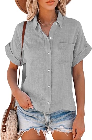 Cotton Button Down Shirt Casual Long Sleeve Loose Fit Collared Linen Work Blouse