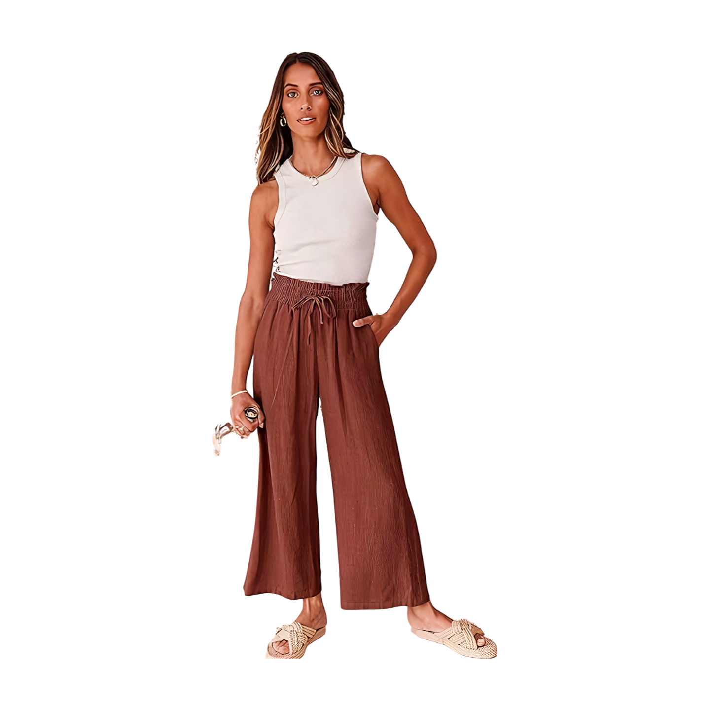 Women Linen Pants Casual Loose High Waist Boho Wide Leg Cropped Palazzo Beach Pants Summer Outfits 2024 Trendy