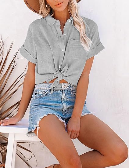 Cotton Button Down Shirt Casual Long Sleeve Loose Fit Collared Linen Work Blouse