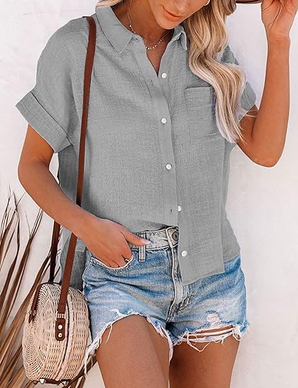 Cotton Button Down Shirt Casual Long Sleeve Loose Fit Collared Linen Work Blouse