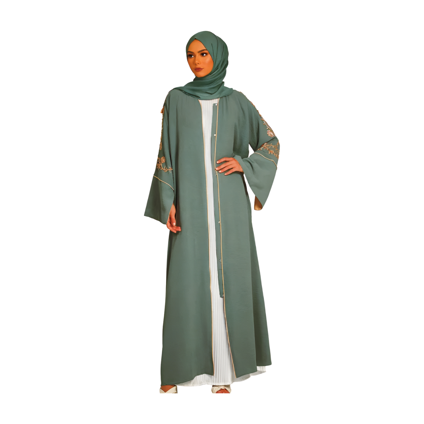 FLORAL EMBELLISHED CONTRAST CUFF OPEN ABAYA - EMERALD GREEN
