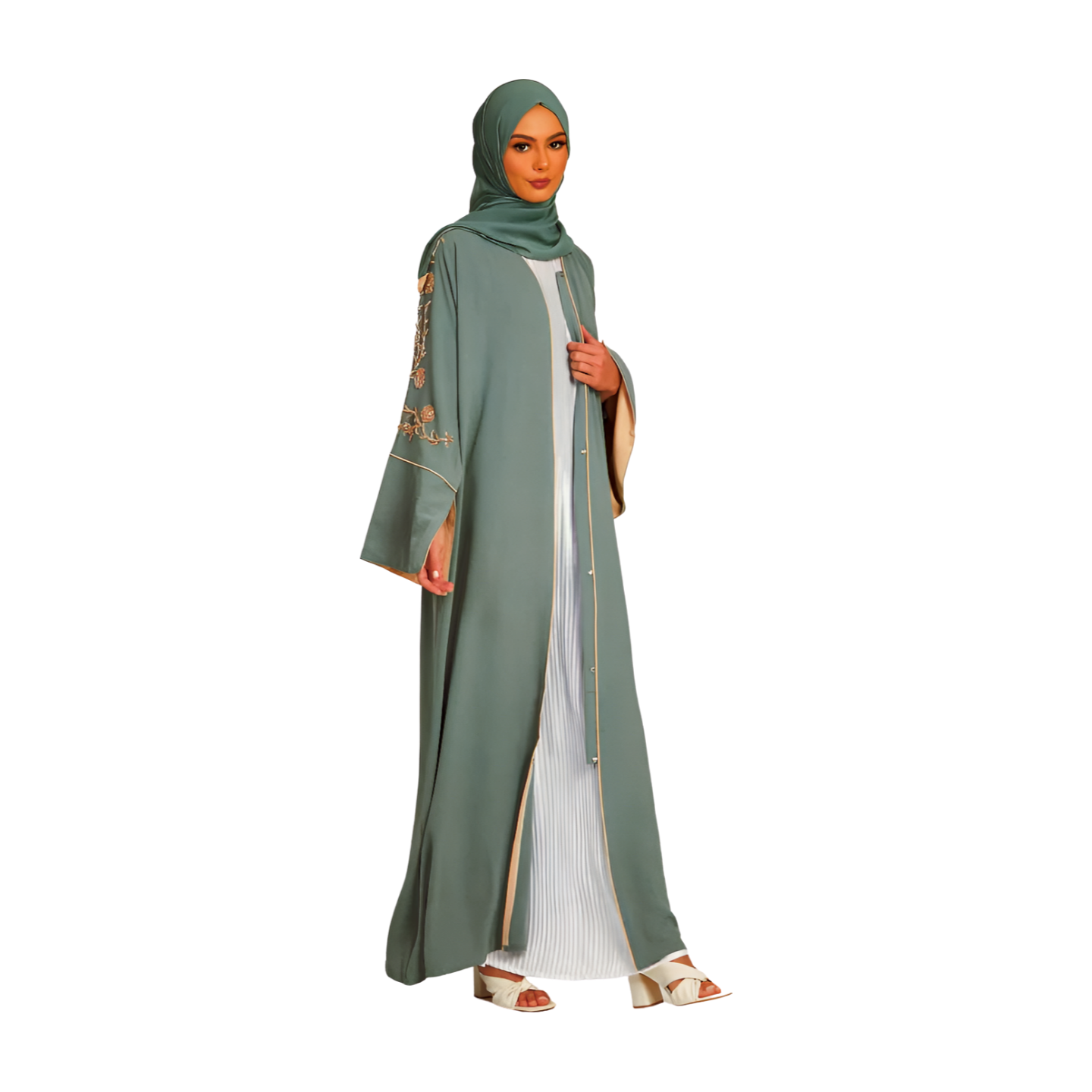 FLORAL EMBELLISHED CONTRAST CUFF OPEN ABAYA - SAGE