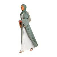 FLORAL EMBELLISHED CONTRAST CUFF OPEN ABAYA - SAGE
