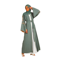 FLORAL EMBELLISHED CONTRAST CUFF OPEN ABAYA - SAGE