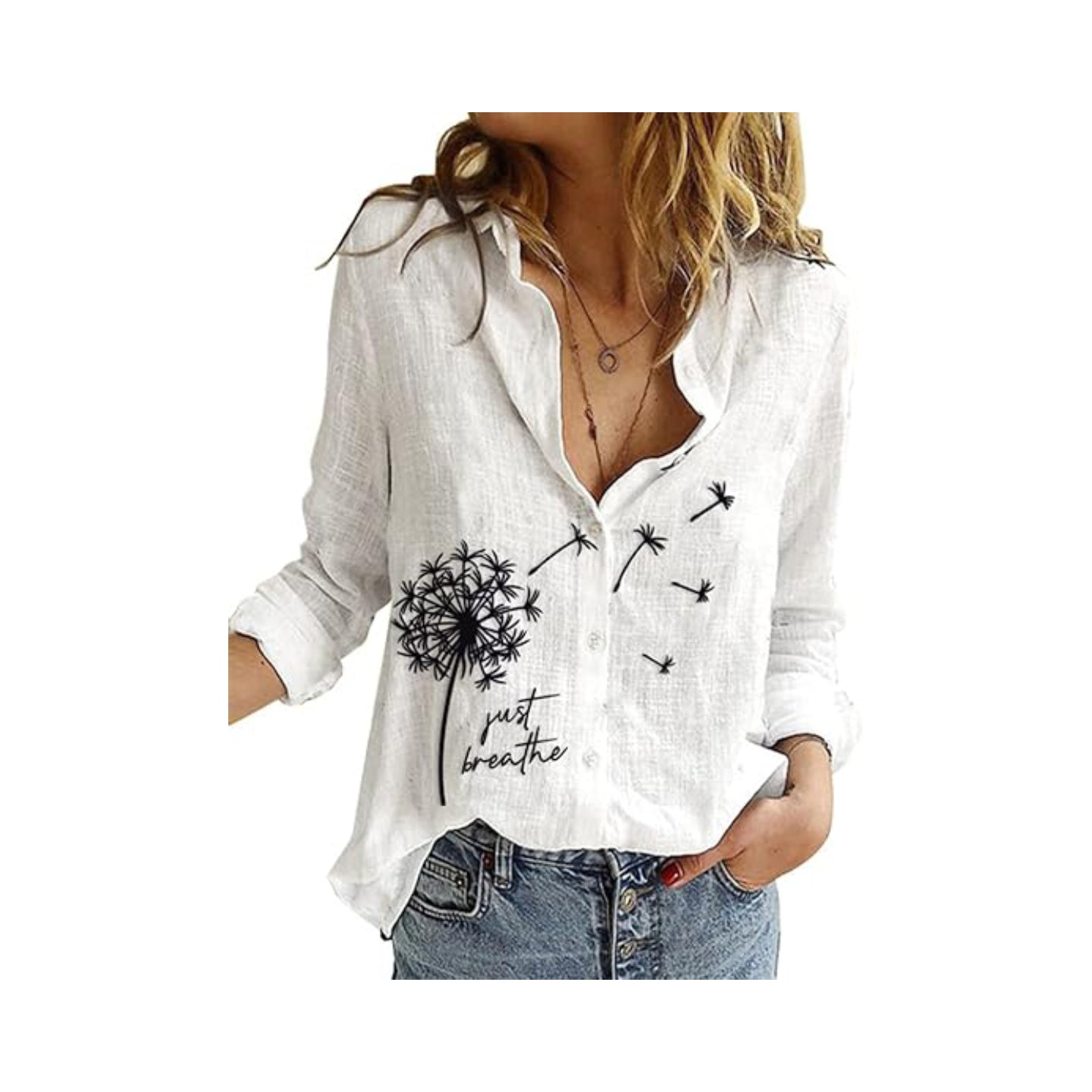 Womens V Neck Roll up Sleeve Button Down Blouses Tops