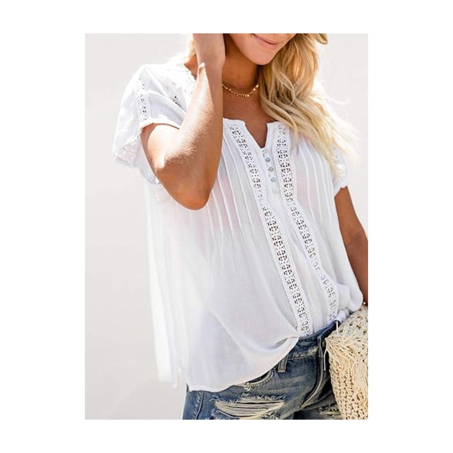 Lace Crochet Eyelet Tops Short Sleeve Casual Shirts