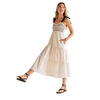 Maxi Dress Ruched Back,Tiered Bow Tie Shoulder Straps Embroidered Upper Details Sleeveless Side Pockets ,Imported