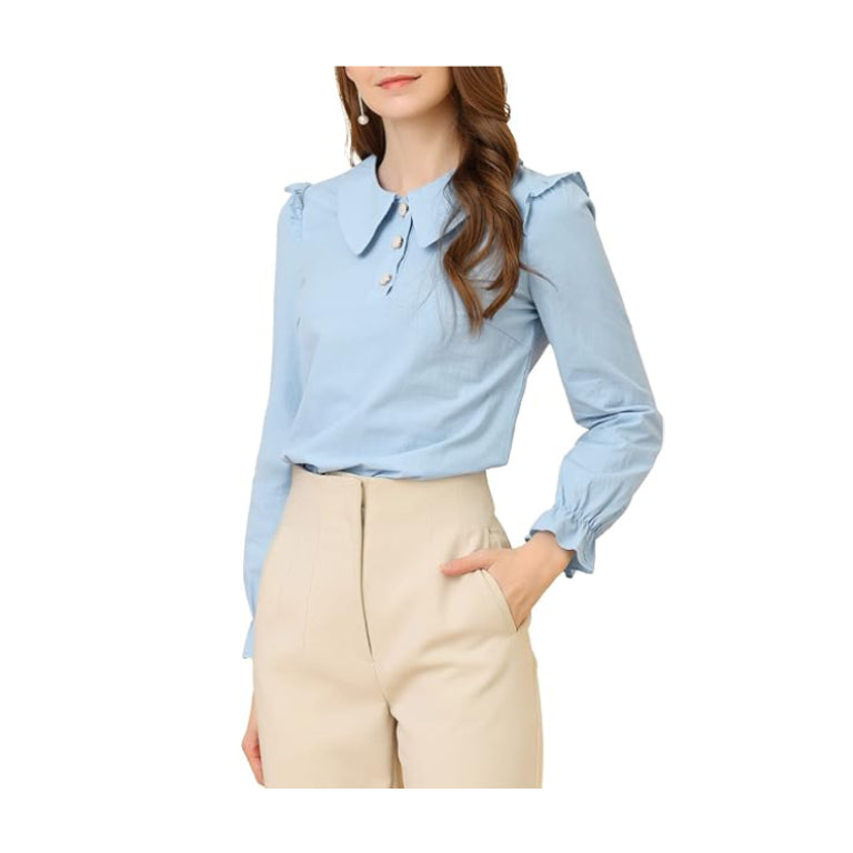 Women's Button Up Shirt Business Casual Career Peter Pan Collar Long Bishop Sleeve Blouse