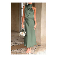 Women's 2024 Summer Satin Dress Elegant Sleeveless Mock Neck Cocktail Party Maxi Dresses