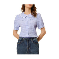 Allegra K Women's Plaid Blouse Puff Short Sleeve Gingham Peter Pan Collar Button Down Shirt