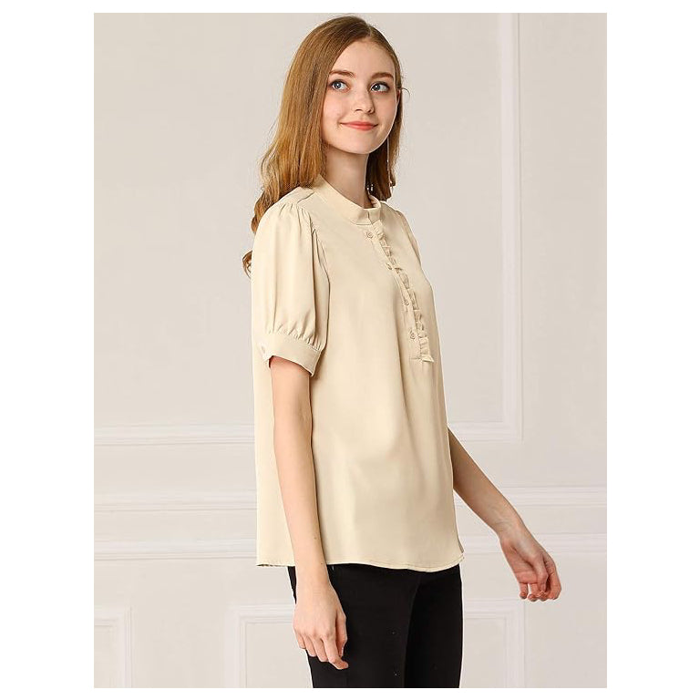 Women's  Top Puff Sleeve Half Placket Ruffled Shirt Women's Vintage Office Blouse